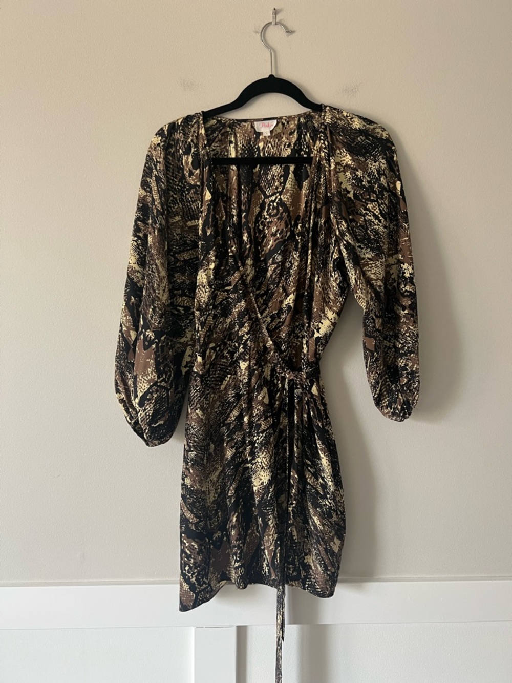 Parker 100% Silk Wrap Mini Dress Brown Snake Print Balloon Sleeve Boho Chic S